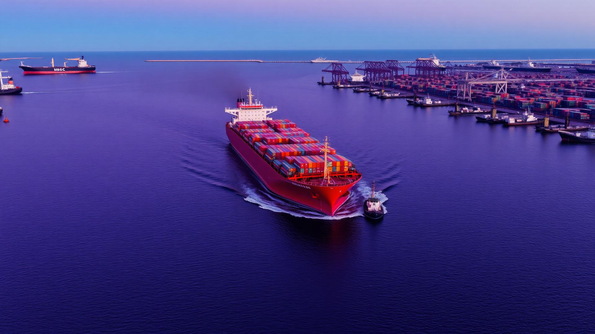 A container ship guided by tugboats into a South African harbour at dusk